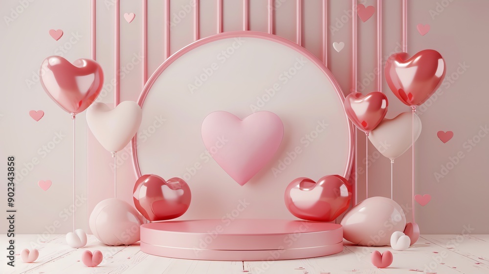 Poster this is a 3d rendering of a pink and white heart-shaped balloon. the balloon is floating in front of