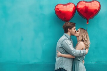 Young couple in love kissing and holding red heart shaped balloons on blue background