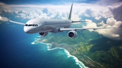 Aerial view of a large commercial airplane flying above white fluffy clouds, heading towards a distant exotic island