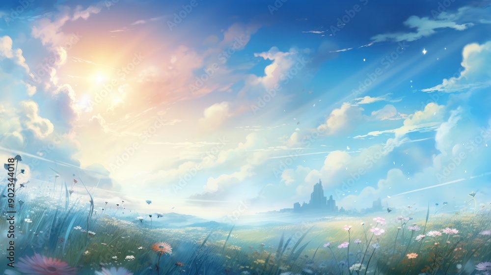 Poster an expansive blue sky filled with the light of spring, softly diffused to create a warm, blurry ambi