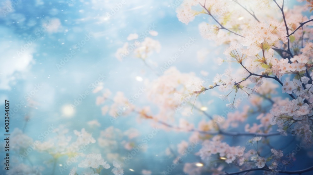 Poster an expansive blue sky filled with the light of spring, softly diffused to create a warm, blurry ambi