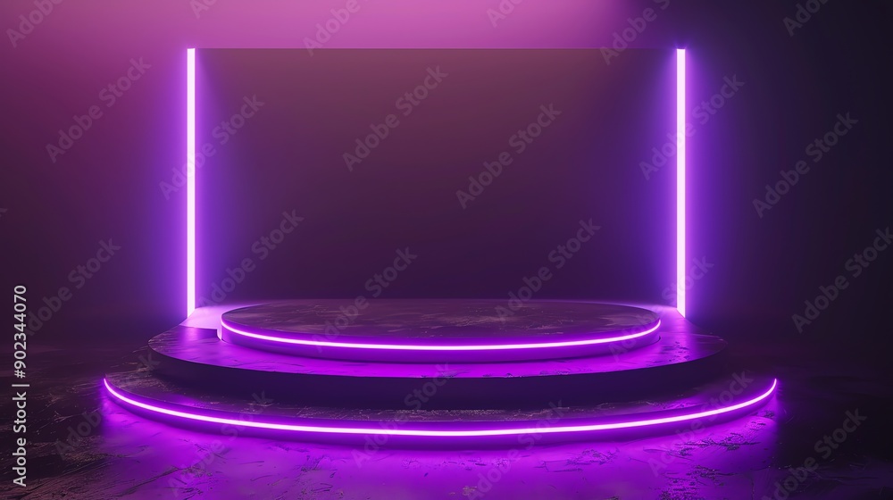 Poster 3d rendering of a purple glowing podium. the podium is made of three steps and has a square frame wi