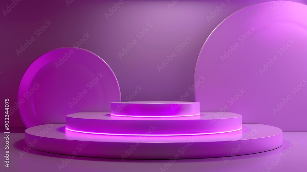Poster 3d rendering of a purple podium with a glowing pink neon light under it. the podium is surrounded by