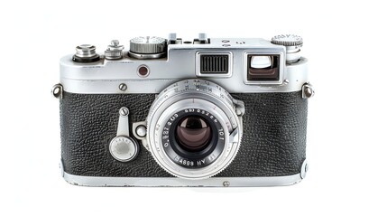 This is a vintage camera with a silver body and black leather accents. It has a large lens on the front and a small viewfinder on the back.