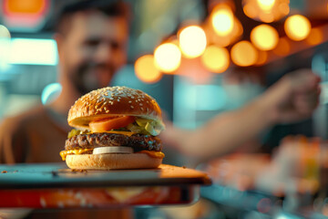 burger and fries are ready to serve restaurant busy hours with customers and workers, waitress and customer service men and women attending customers with smiles, serving food and taking orders