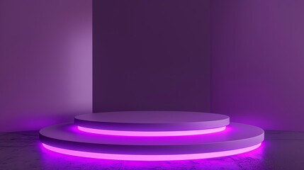 3D rendering of a purple podium with a glowing pink neon light under it against a purple background.