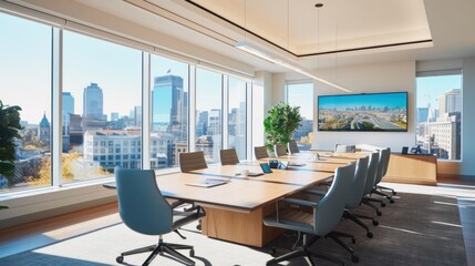 Fototapeta premium Bright and airy business meeting room featuring a long wooden table, comfortable office chairs, a large flat-screen monitor for presentations