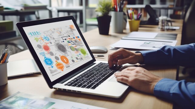 Close-up of a graphic hands working on a digital tablet with design elements and typography visible on the screen, set against a clean desk with various design materials and a laptop