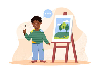 Boy artist concept. Schoolboy with brush near canvas. Development of creative abilities in children. Education and learning. Creaetivity and art in studio. Flat vector illustration