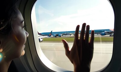 waving goodbye from inside an airplane through the plane's window. Emotional farewell as the aircraft prepares for departure. Perfect for themes of travel, separation, and heartfelt goodbyes. 4k video