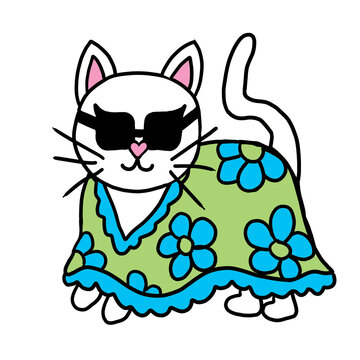 Cool White Cat Wearing Glasses and Floral Dress Illustration