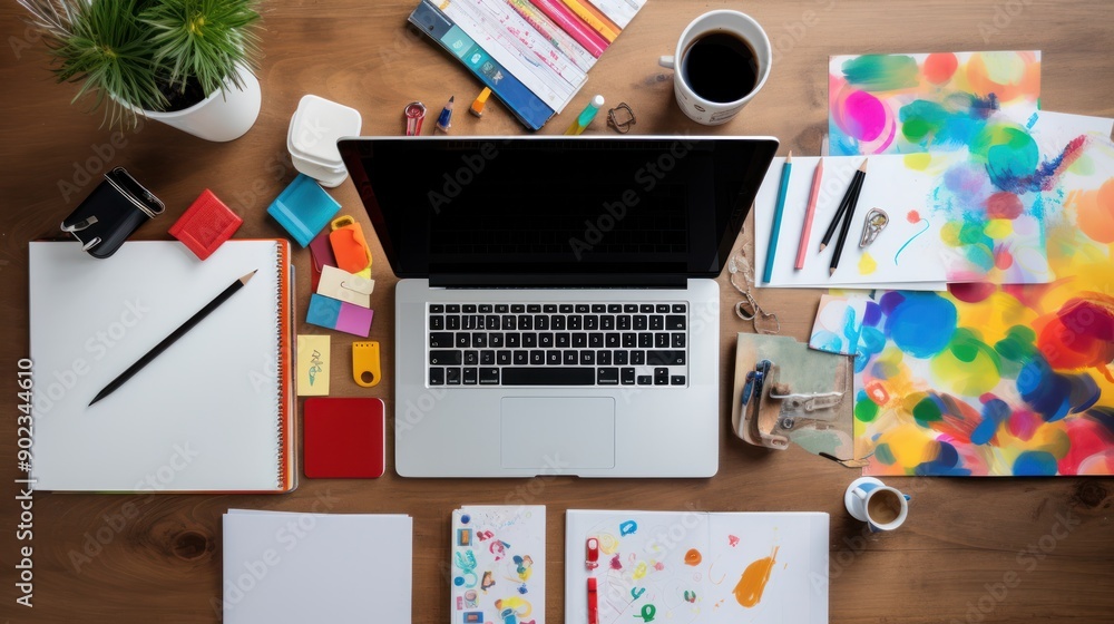 Poster flat lay of a workspace with a designer desk featuring a sketchpad, color pens, a laptop with a desi