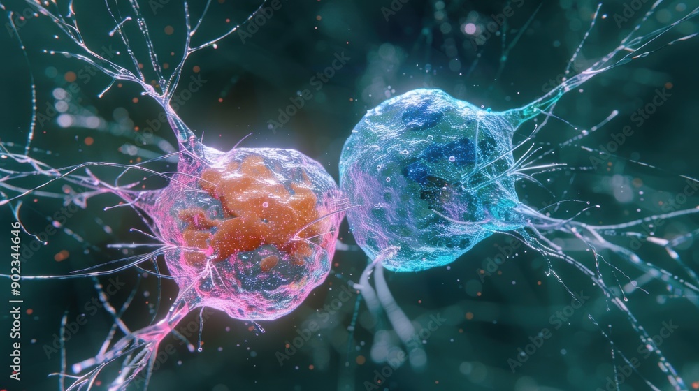 Poster two vibrant cells are in the process of division, showcasing intricate structures and growth in a la