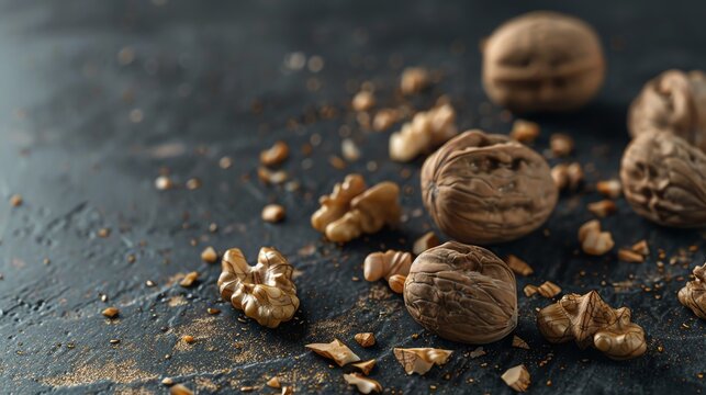 A close-up image of walnuts in their shells and walnut kernels on a dark stone background. The image is well-lit and has a natural feel.