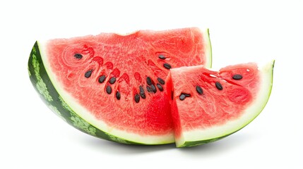 A large, juicy watermelon cut into slices. The rind is green and the flesh is red with black seeds. The watermelon is isolated on a white background.