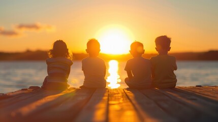 Four children sit together on a dock, captivated by the colorful sunset over the tranquil water