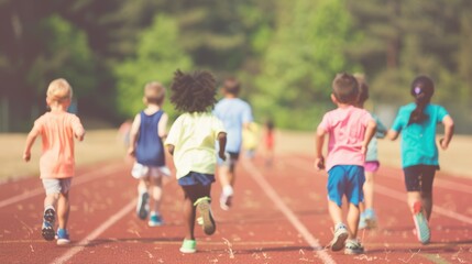 Fototapeta premium A group of children enthusiastically running on a track field, enjoying active playtime with friends