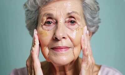 Rejuvenating face mask for aging skin, old lady applying cream on skin, vertical portrait. Senior woman using moisturizing anti-ageing cream, beauty treatment for stay young in old age 4k video - Powered by Adobe