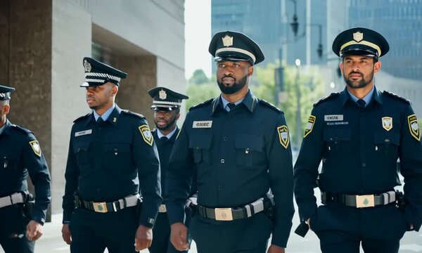 Security Guard Event Service: Officer And His Group Walking On The Street 4k video