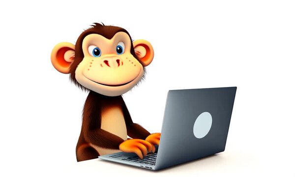 Fun 3D cartoon monkey character with a laptop (with alpha channel) 4k video