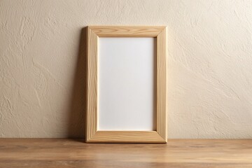 Empty wooden picture frame mockup hanging on beige asymmetrical wall, exhibition, hanging, decor, wall art, picture frame, interior, showcase,wood, photography, empty, beige, asymmetrical