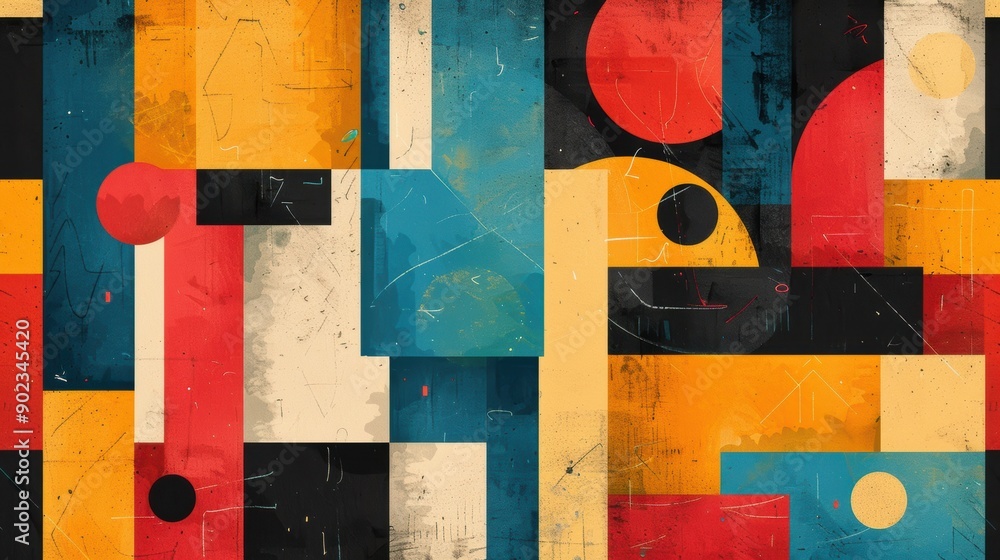 Poster a vibrant arrangement of geometric blocks in assorted colors, creating a lively and dynamic visual p