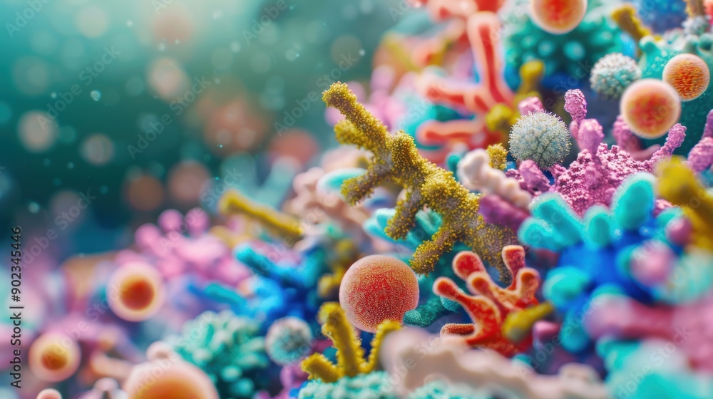 Poster microscopic view reveals a diverse array of colorful microbes in a laboratory setting