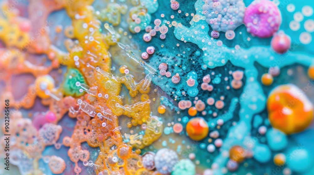 Poster vibrant colors and patterns of diverse microbes seen under a microscope reveal their intricate struc