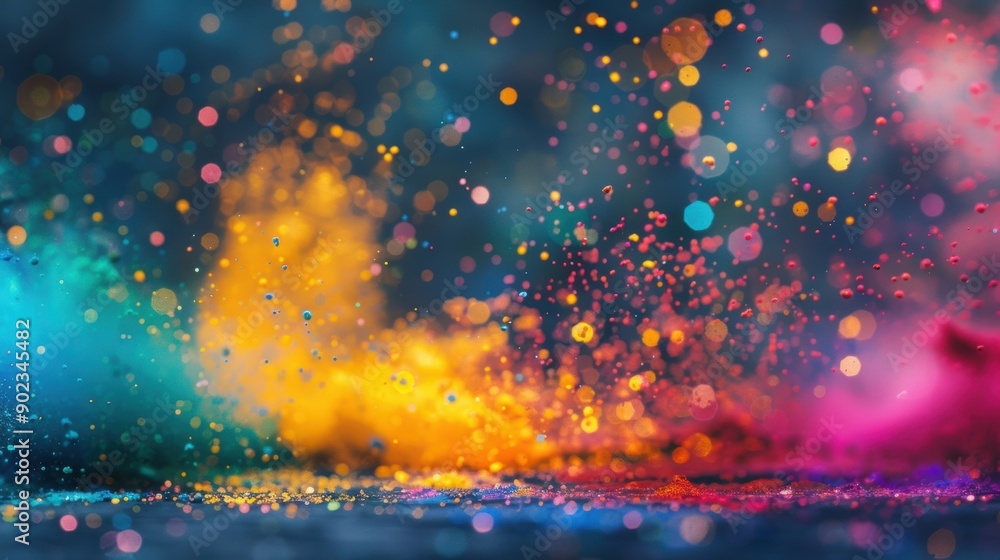 Poster a vibrant explosion of paint splashes with sparkling particles illuminated in a creative setting