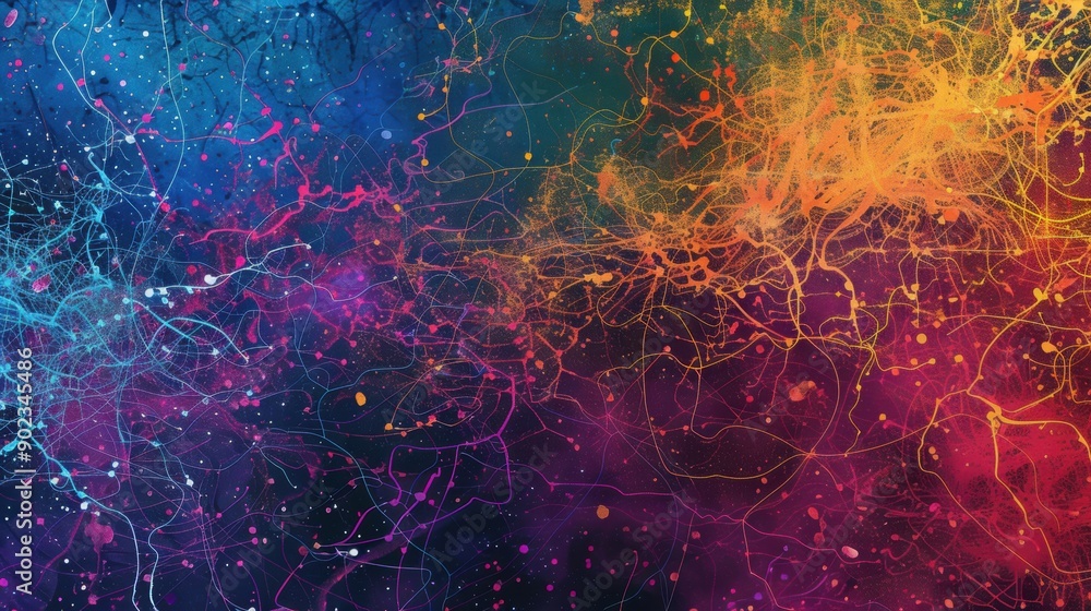 Poster an illustration showcasing vibrant neural network synapses illustrating complex connections and inte