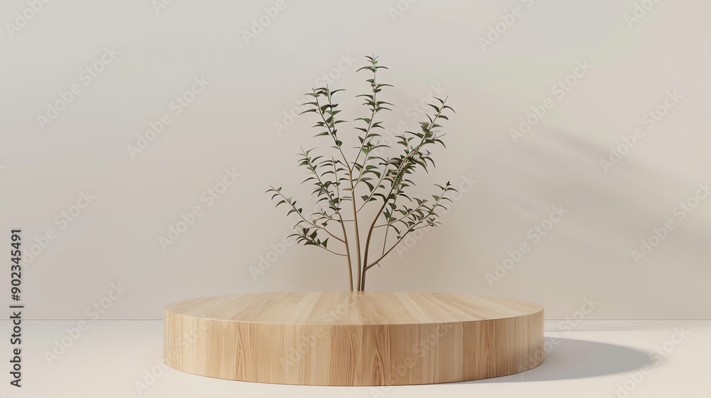Poster 3d rendering of a wooden podium with a small tree on it. the podium is placed against a solid color 