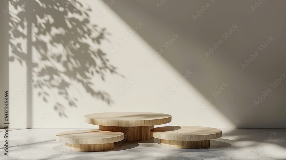 Poster 3d rendering of a product display. there are three wooden podiums of different heights against a bei