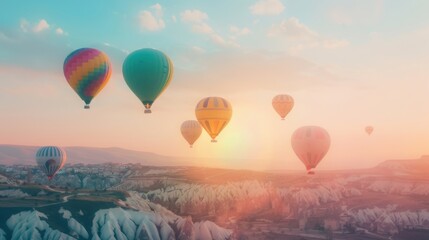 Fototapeta premium Vibrant hot air balloons glide gracefully over a stunning, colorful landscape at dawn
