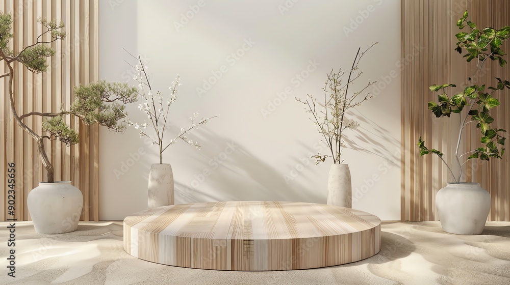 Poster the image is a 3d rendering of a wooden podium with a white background. there are two trees and two 