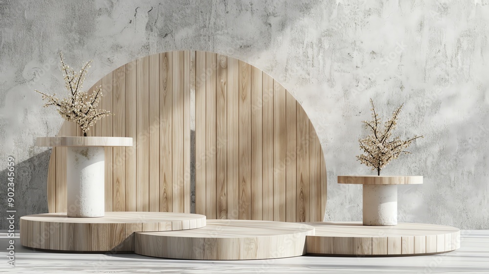 Poster 3d rendering of a wooden podium with a half-circle wooden background. there are three podiums of dif