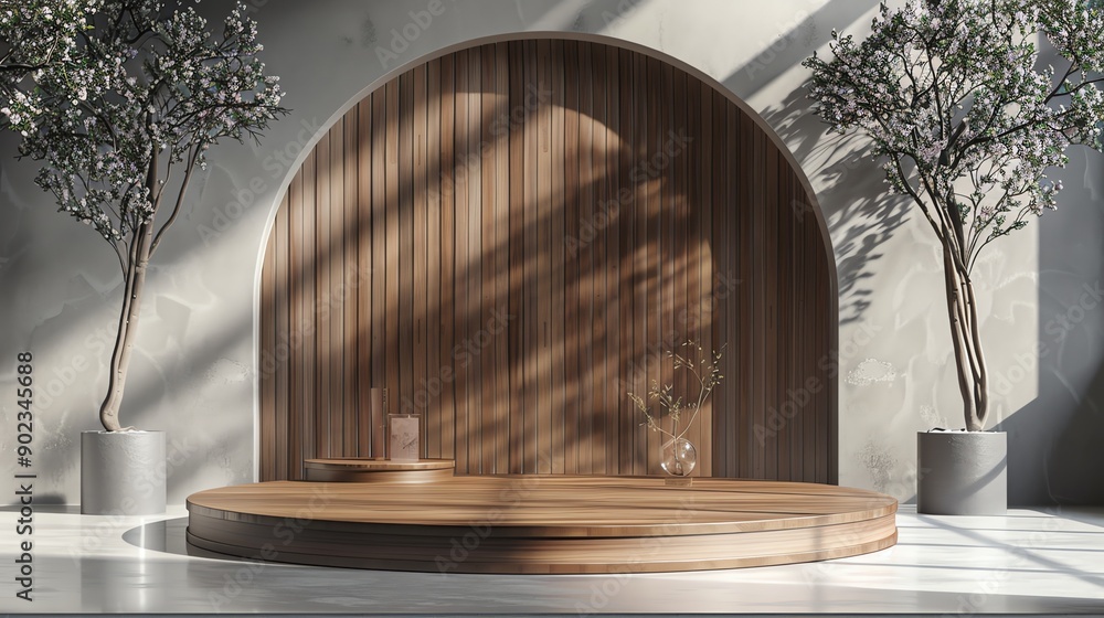 Poster this is a 3d rendering of a simple and elegant stage with a wooden platform and a curved wooden back