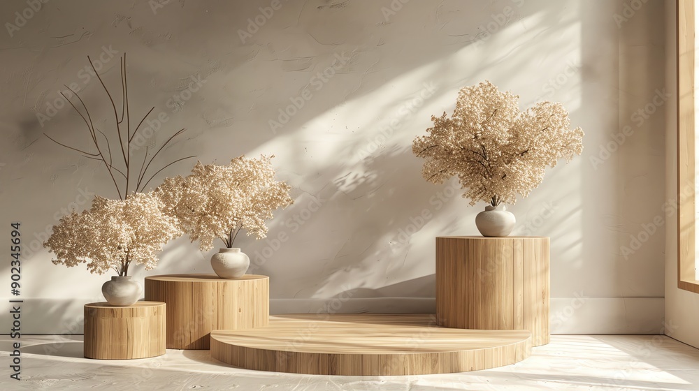 Poster the image is a 3d rendering of a room with a wooden podium in the center. on the podium are three va