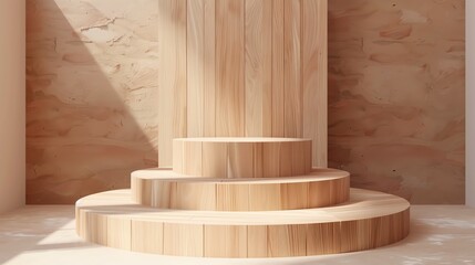 3D rendering of a wooden podium with three steps in front of a wooden wall. The podium is lit by a soft light from the left.