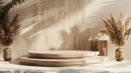 3D rendering of a wooden podium with a small tree on it. The podium is placed against a solid color background.