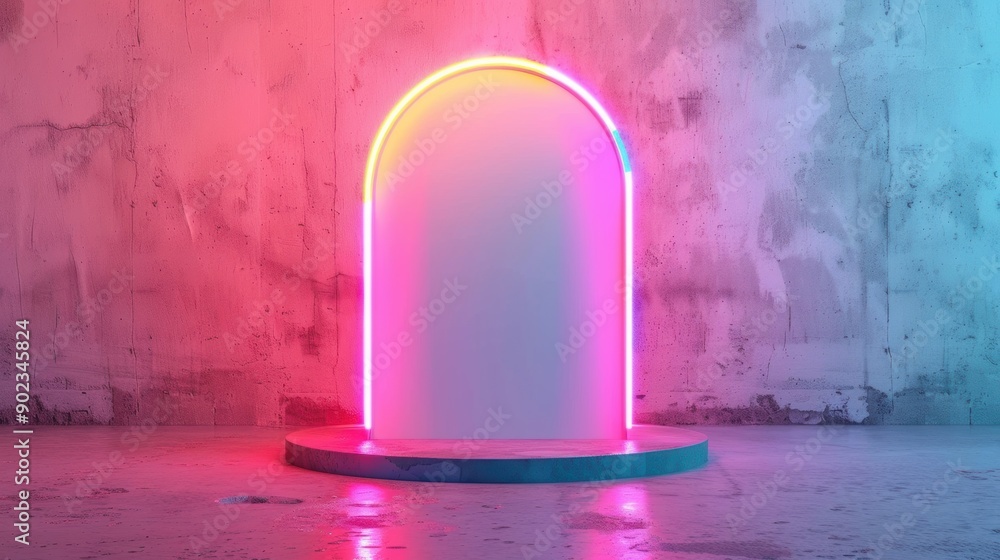 Poster an empty product display stand featuring vibrant neon lights against a textured backdrop