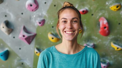 Fototapeta premium A confident woman smiles while getting ready to tackle climbing routes at an indoor gym