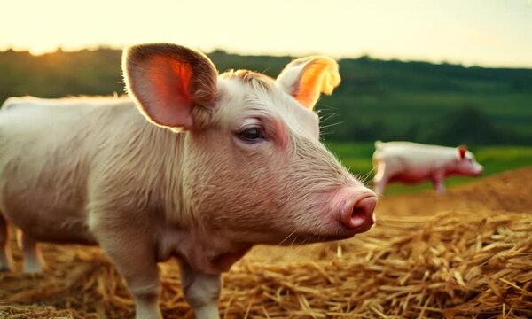 Close-up of a pig on a farm standing on straw with other pigs in the background 4k video