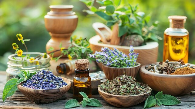 Natural herbal medicine ingredients in wooden bowls and a mortar on a wooden table.