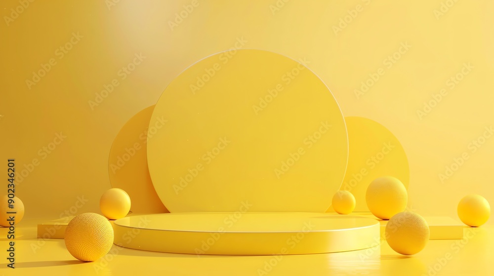 Poster 3d rendering of a yellow podium with balls. the podium is a simple geometric shape with a glossy sur