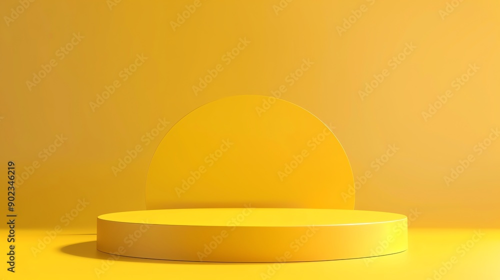 Poster 3d rendering of a yellow podium with a yellow background. the podium is a simple cylinder with a fla
