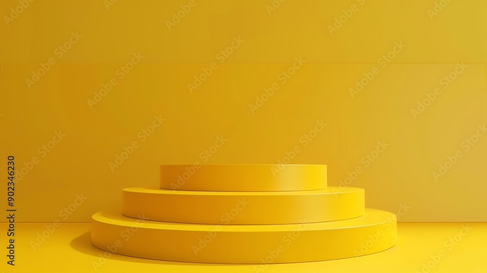 Poster 3d rendering of a yellow podium. the podium has three steps and is set against a yellow background.
