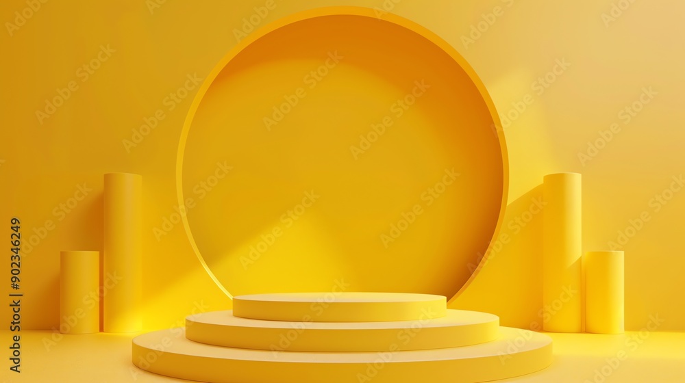 Poster 3d rendering of a yellow podium with a circular backdrop. the podium is made up of three steps and h