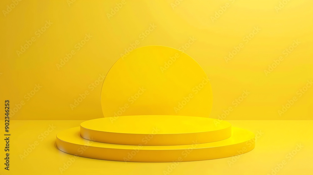 Poster 3d rendering of a yellow podium with a circular backdrop.
