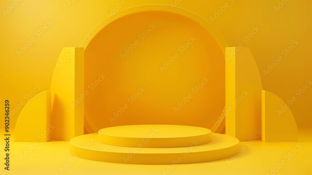 Poster 3d rendering of a yellow podium with a yellow background. the podium is made up of a cylinder with a