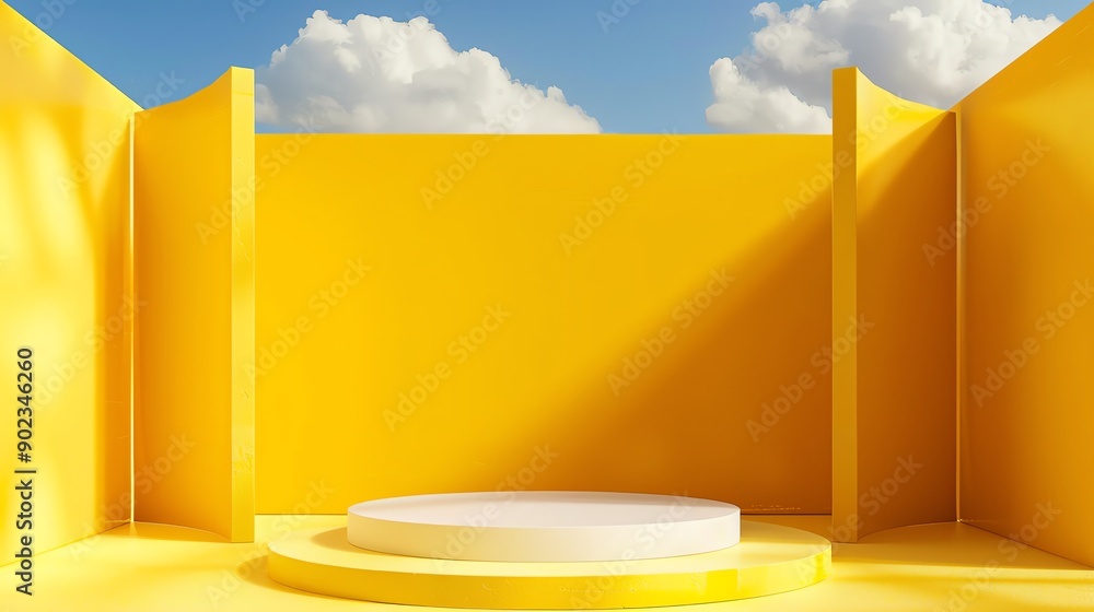 Poster 3d rendering of a simple and clean product display stage with a white podium on a yellow background.